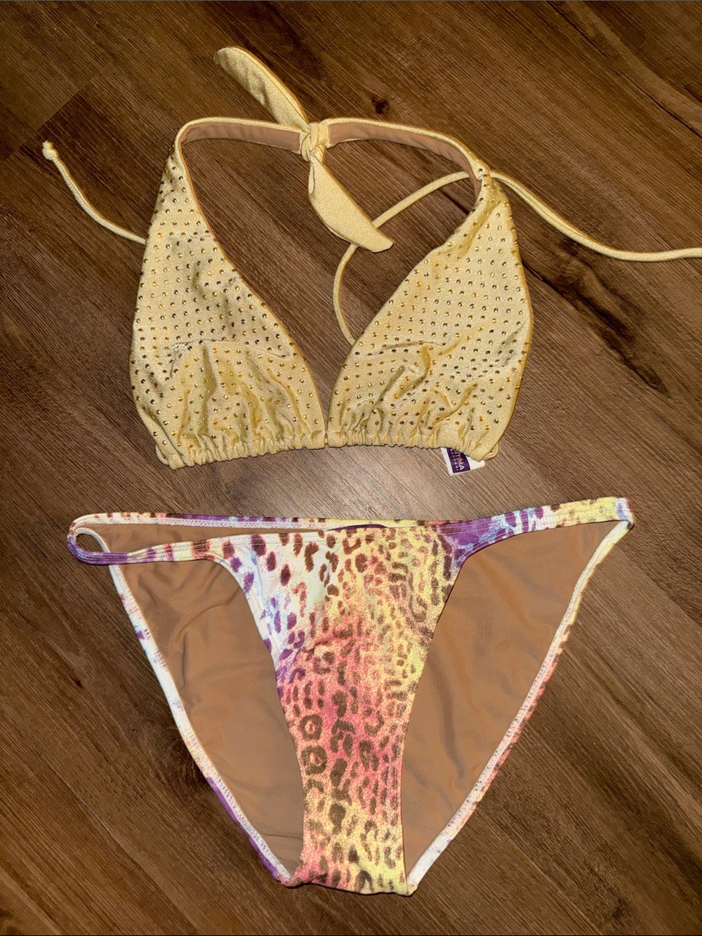 Cia.Martina Yellow Rhinestone Triangle Bikini Top with Leopard Print Bottom